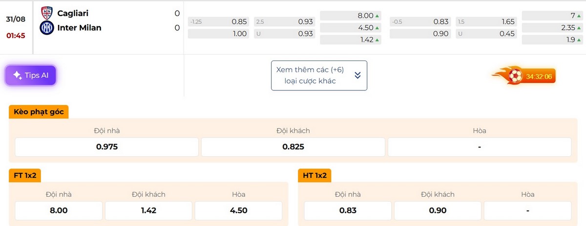 Nhận định các lựa chọn kèo trận Cagliari vs Inter Milan
